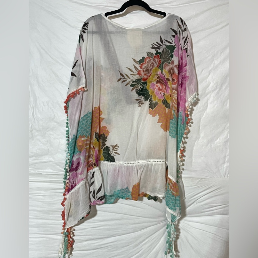 Z&L Floral Lace-Up Pom Pom Swim Caftan Coverup - White with Pink & Mint - Picture 7 of 14